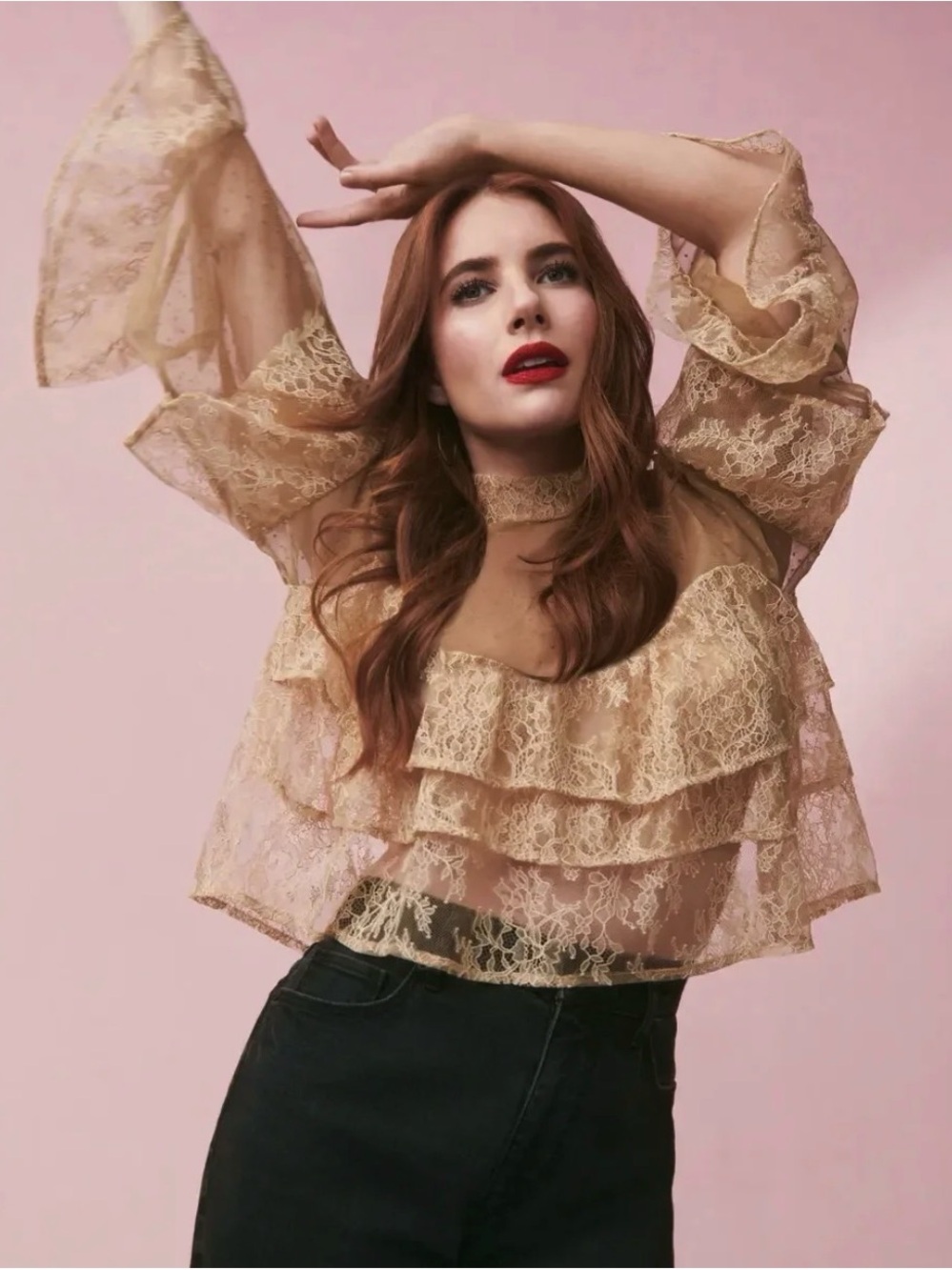 LOFT Sheer Lace Ruffle Blouse - Beige